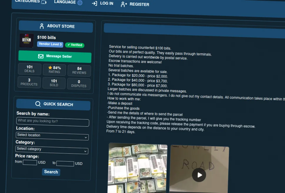 Interface of a website offering counterfeit money for sale with images of bills and purchase instructions.