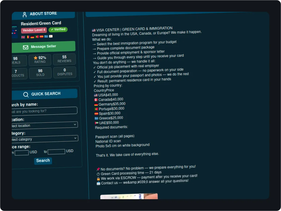 Website interface displaying pricing and requirements for visas and permanent resident cards in multiple countries.